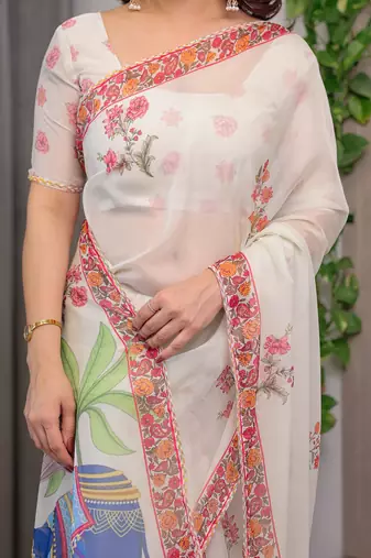 Premium printed organza sarees with multicolor border finish