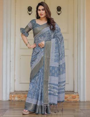 Traditional handloom cotton floral print saree for women with blouse 2