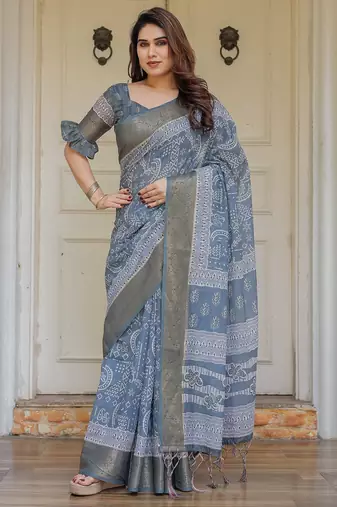 Traditional handloom cotton floral print saree for women with blouse