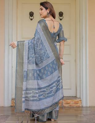 Traditional handloom cotton floral print saree for women with blouse 3