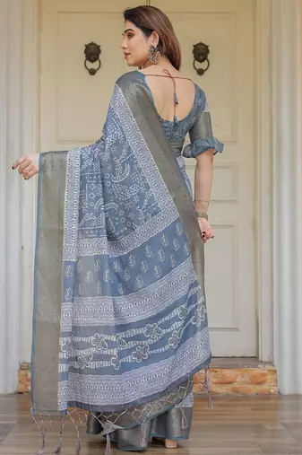 Traditional handloom cotton floral print saree for women with blouse
