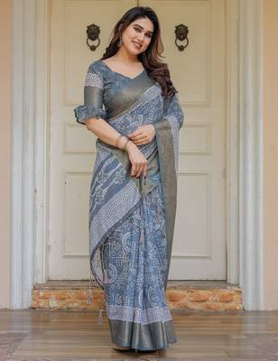 Traditional handloom cotton floral print saree for women with blouse 4