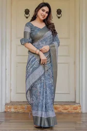 Traditional handloom cotton floral print saree for women with blouse