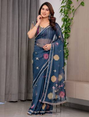Multicolor border printed organza saree collection 1