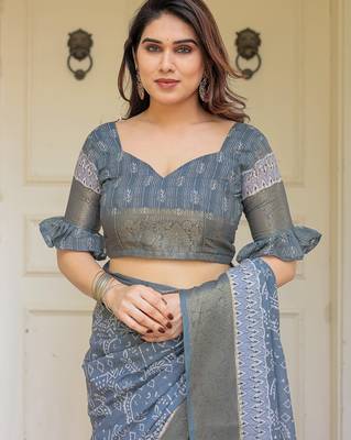 Traditional handloom cotton floral print saree for women with blouse 5