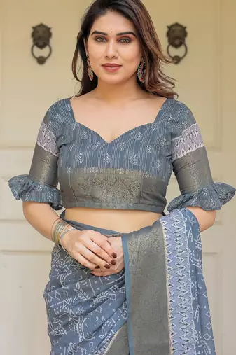 Traditional handloom cotton floral print saree for women with blouse