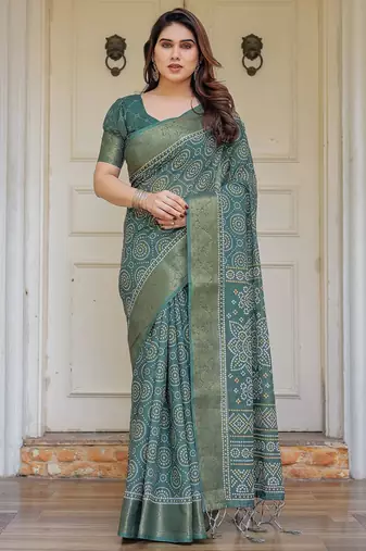Elegant handloom cotton printed saree with floral design & blouse piece