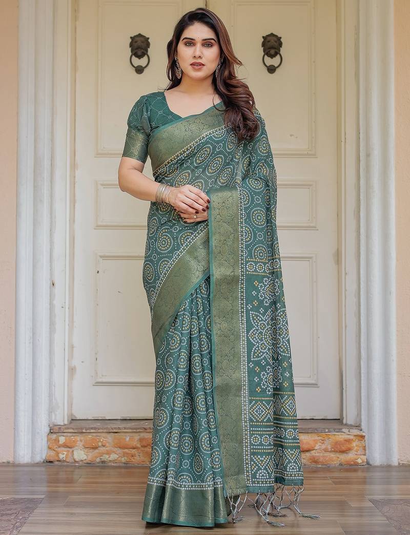 Elegant handloom cotton printed saree with floral design & blouse piece