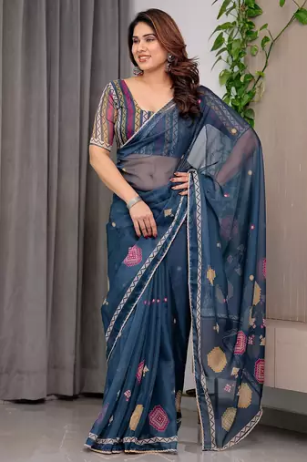 Multicolor border printed organza saree collection