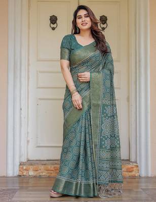 Elegant handloom cotton printed saree with floral design & blouse piece 2