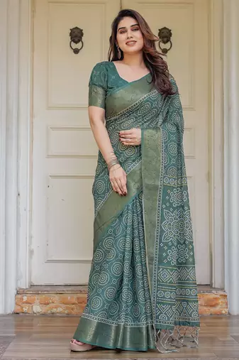 Elegant handloom cotton printed saree with floral design & blouse piece