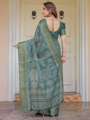 Elegant handloom cotton printed saree with floral design & blouse piece 3