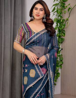 Multicolor border printed organza saree collection 4