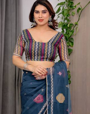 Multicolor border printed organza saree collection 5