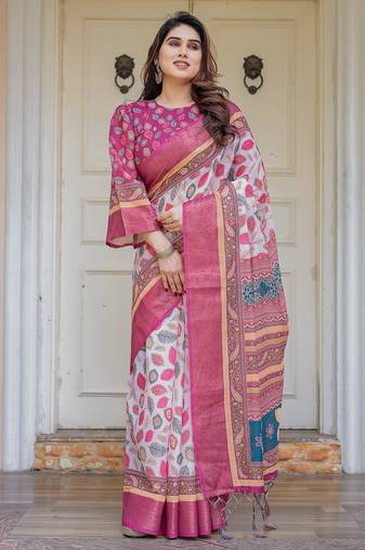 Women's handloom cotton floral print saree with attached blouse piece