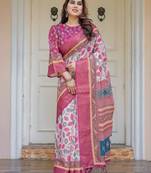 Women's handloom cotton floral print saree with attached blouse piece