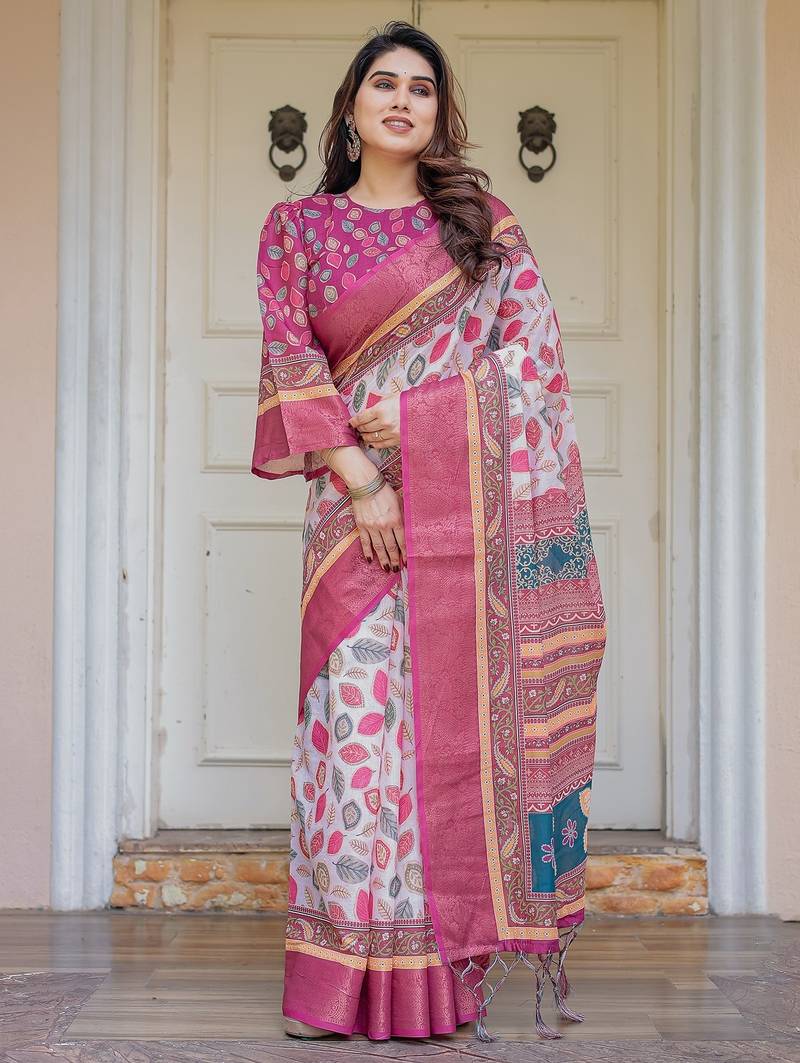 Women's handloom cotton floral print saree with attached blouse piece