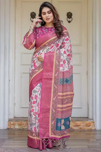 Women's handloom cotton floral print saree with attached blouse piece
