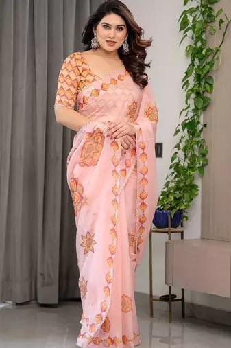 Premium printed organza sarees with multicolor border finish