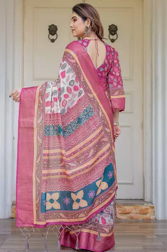 Women's handloom cotton floral print saree with attached blouse piece