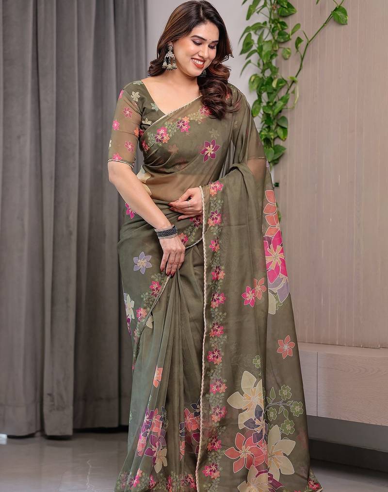 Premium printed organza sarees with multicolor border finish