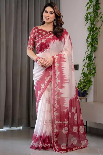Multicolor border printed organza saree collection