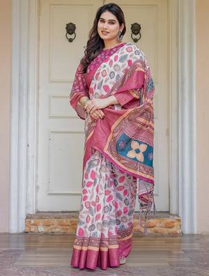 Women's handloom cotton floral print saree with attached blouse piece 4