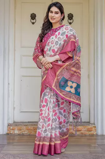 Women's handloom cotton floral print saree with attached blouse piece