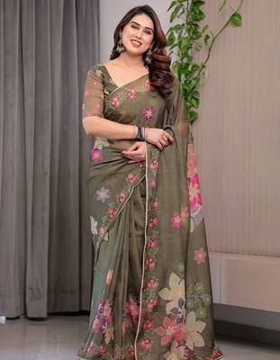 Premium printed organza sarees with multicolor border finish 2