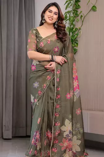 Premium printed organza sarees with multicolor border finish