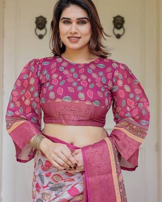 Women's handloom cotton floral print saree with attached blouse piece 5