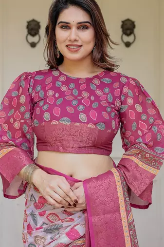 Women's handloom cotton floral print saree with attached blouse piece