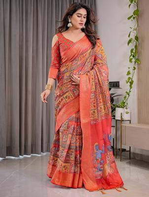 Elegant handloom linen weaved with golden zari saree with floral print & tassel edges     5.5m + 0.8m blouse 1