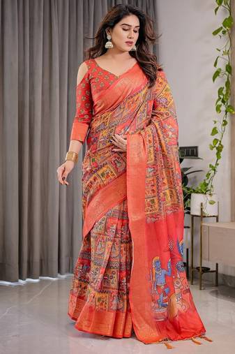 Elegant handloom linen weaved with golden zari saree with floral print & tassel edges     5.5m + 0.8m blouse