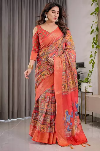 Elegant handloom linen weaved with golden zari saree with floral print & tassel edges     5.5m + 0.8m blouse