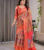 Elegant handloom linen weaved with golden zari saree with floral print & tassel edges     5.5m + 0.8m blouse