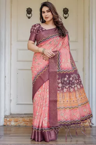 Handloom cotton floral pattern printed saree with 5.5 meter saree & blouse