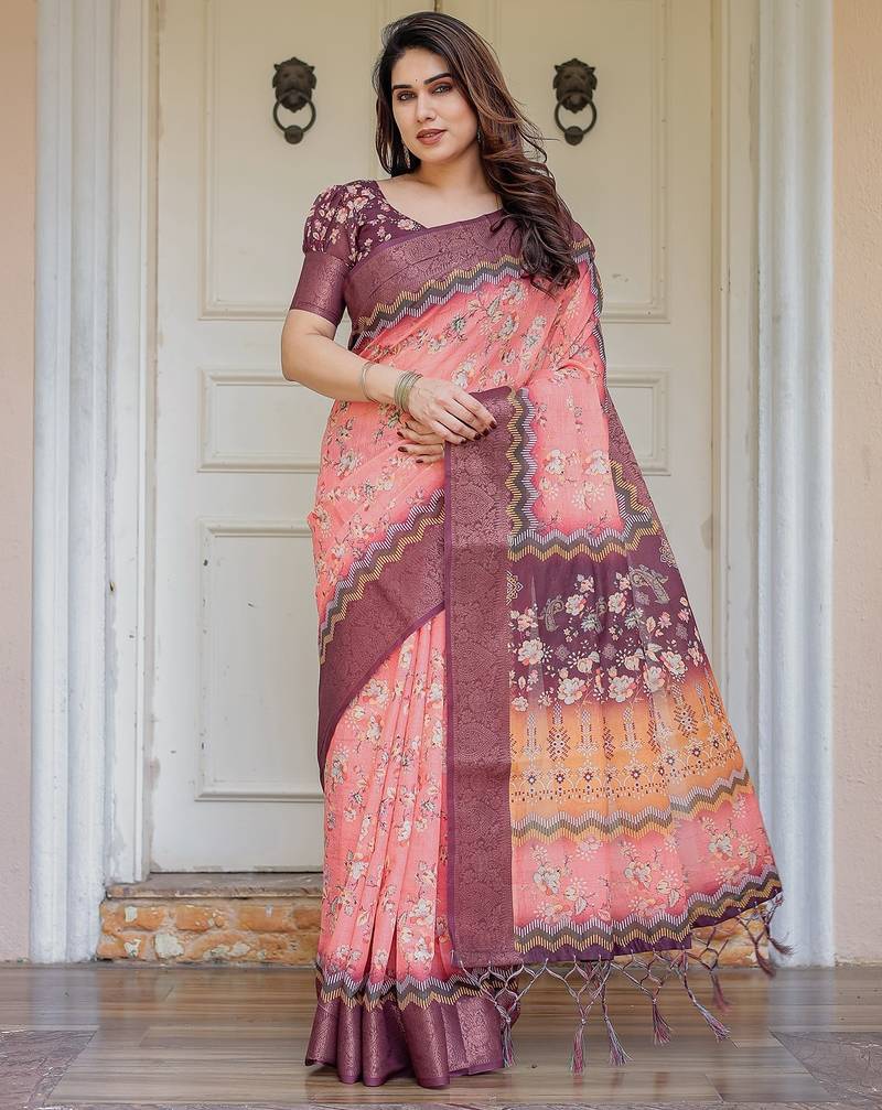 Handloom cotton floral pattern printed saree with 5.5 meter saree & blouse