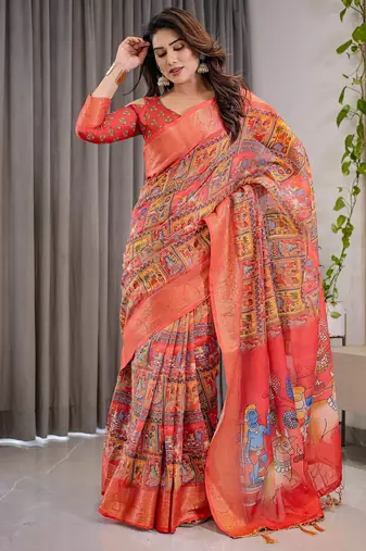 Elegant handloom linen weaved with golden zari saree with floral print & tassel edges     5.5m + 0.8m blouse