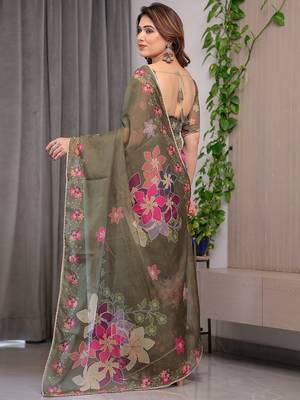 Premium printed organza sarees with multicolor border finish 3