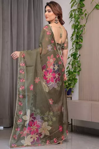 Premium printed organza sarees with multicolor border finish