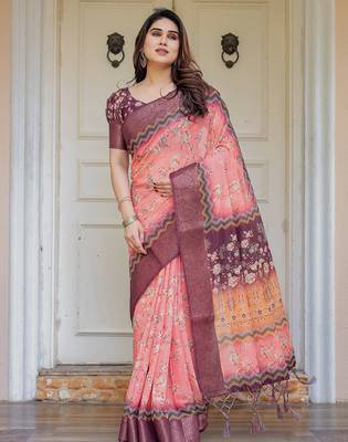 Handloom cotton floral pattern printed saree with 5.5 meter saree & blouse 2