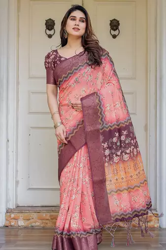 Handloom cotton floral pattern printed saree with 5.5 meter saree & blouse