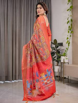Elegant handloom linen weaved with golden zari saree with floral print & tassel edges     5.5m + 0.8m blouse 3
