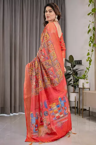 Elegant handloom linen weaved with golden zari saree with floral print & tassel edges     5.5m + 0.8m blouse