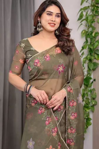 Premium printed organza sarees with multicolor border finish