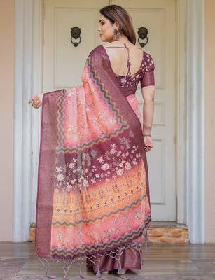 Handloom cotton floral pattern printed saree with 5.5 meter saree & blouse 3