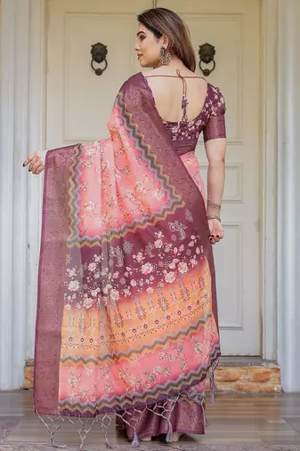 Handloom cotton floral pattern printed saree with 5.5 meter saree & blouse