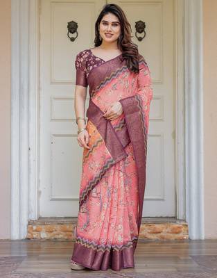 Handloom cotton floral pattern printed saree with 5.5 meter saree & blouse 4