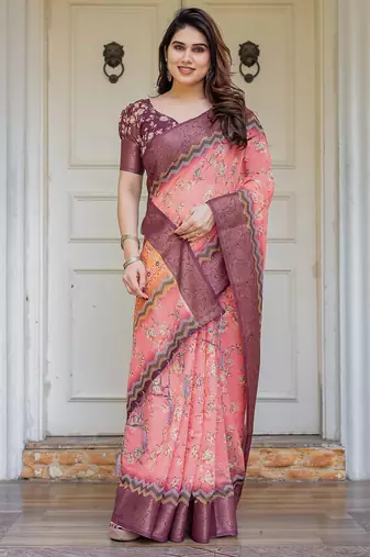 Handloom cotton floral pattern printed saree with 5.5 meter saree & blouse
